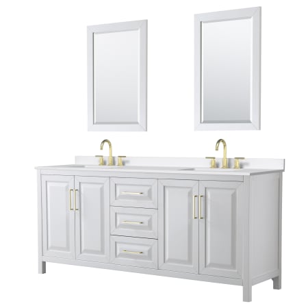 A large image of the Wyndham Collection WCV252580D-QTZ-US3M24 White / White Quartz Top / Brushed Gold Hardware