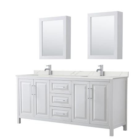 A large image of the Wyndham Collection WCV252580D-QTZ-UNSMED White / Giotto Quartz Top / Polished Chrome Hardware