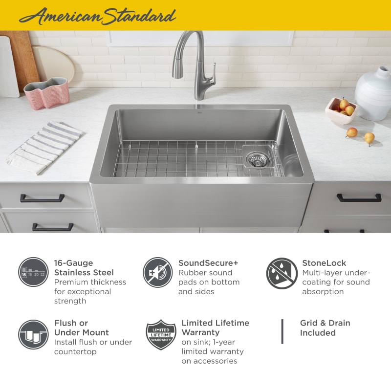 American Standard 1180sb3620ss 075 Stainless Steel Avery 36 Farmhouse Single Basin Kitchen Sink With Basket Strainer Rack And Sound Dampening Technology Faucet Com Stainless Steel Avery 36 Farmhouse, American Standard Farm Sink