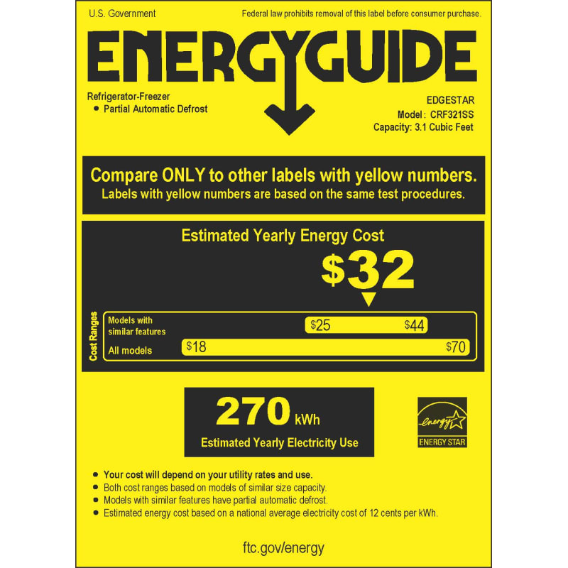 Dorm Sized Energy Star Compact Fridge//Freezer Ft EdgeStar CRF321SS 3.1 Cu