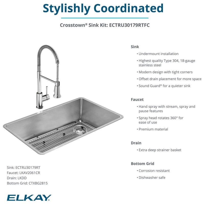 Elkay Ectru30179rtfc Polished Satin Crosstown 31 1 2 Undermount Single Basin Stainless Steel Kitchen Sink With Single Hole 1 8 Gpm Kitchen Faucet Basin Rack Basket Strainer And Towel Faucet Com