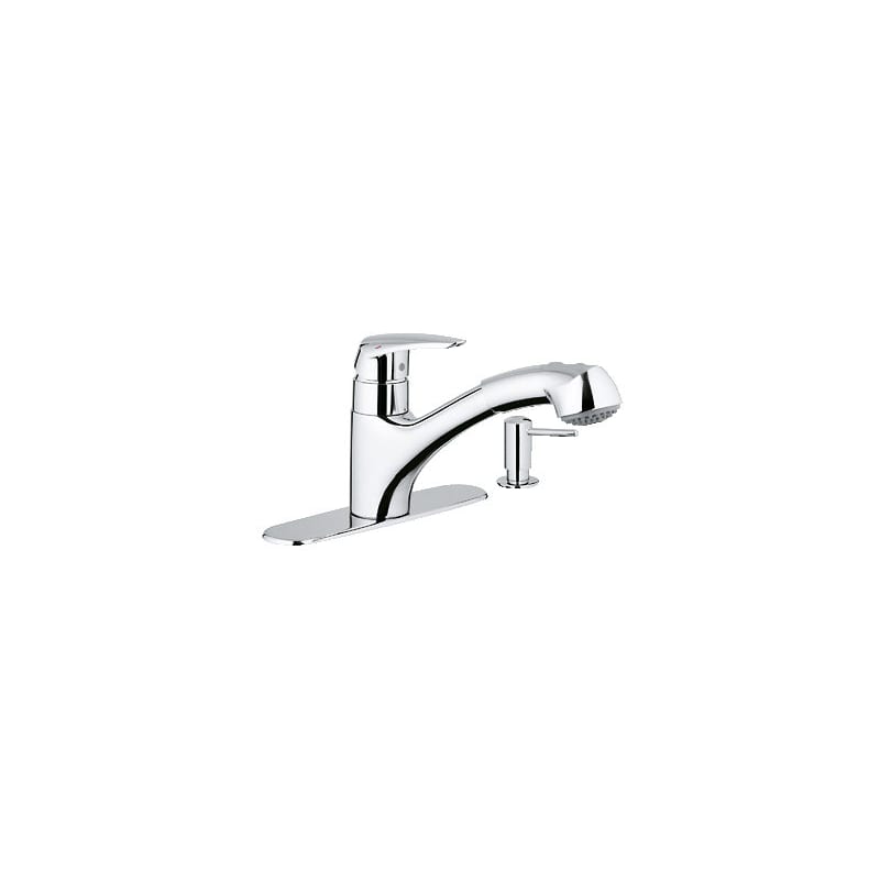 Grohe 30127000 Starlight Chrome Closeout Pull Out Spray Kitchen Faucet With Silkmove Handle Free Soap Dispenser And Escutcheon Plate A 80 Value Faucet Com