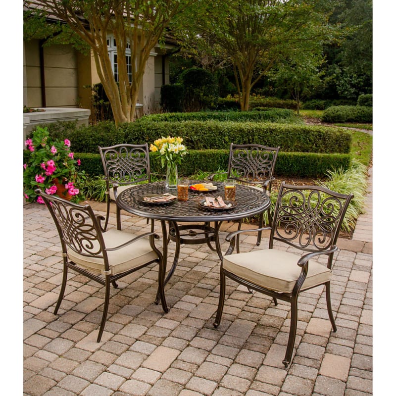 Hanover Traditions5pc Natural Oat Traditions 5 Piece Aluminum Framed Outdoor Dining Set With Umbrella Compatible Round Aluminum Tabletop And Arm Chairs Lightingdirect Com