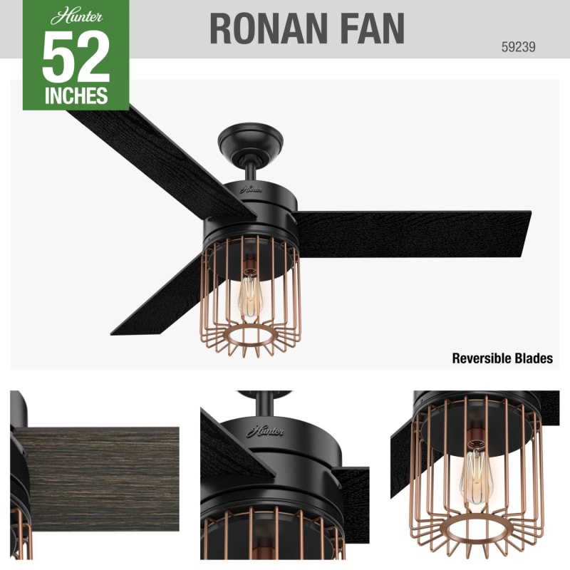 Hunter 59239 Matte Black 52 Indoor Ceiling Fan 3 Reversible Blades With Remote Control And Light Kit Included Faucetdirect Com - Ronan Ceiling Fan With Light