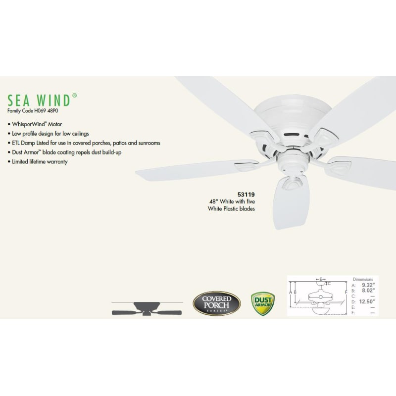 48 Indoor Outdoor Ceiling Fan, Hunter 48 Sea Wind White Outdoor Ceiling Fan