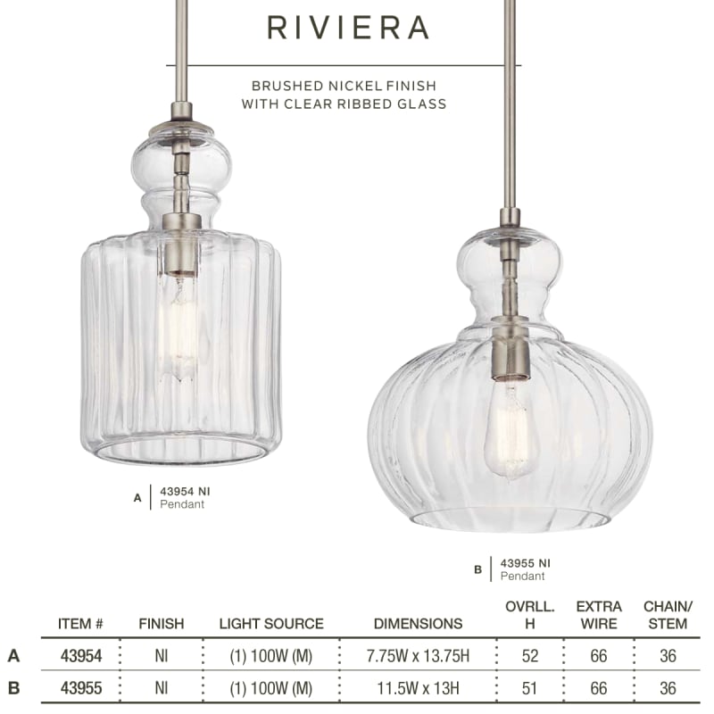 Kichler 43954NI Brushed Nickel Riviera Single Light 7 3 4