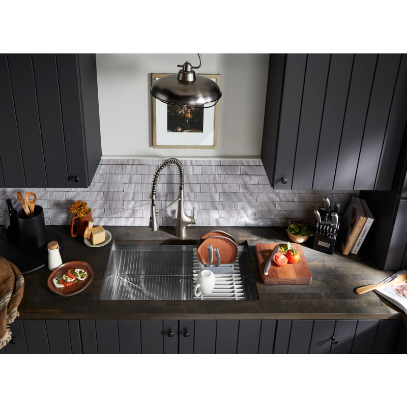 Kohler K 28876 NA Stainless Steel Tempered 32 1 4 Undermount Single Basin Stainless Steel Workstation Kitchen Sink with Walnut Cutting Board Knife Holder Drying Rack and Bottom Sink Rack FaucetDirect....