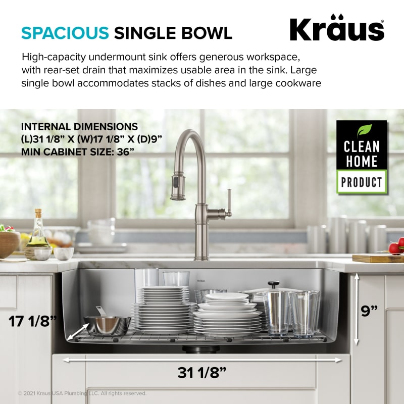 Kraus KD1US33B Gloss Dex 33" Single Basin 16 Gauge Stainless Steel Kitchen  Sink for Undermount Installations with DrainAssure™, VersiDrain™, and  NoiseDefend™