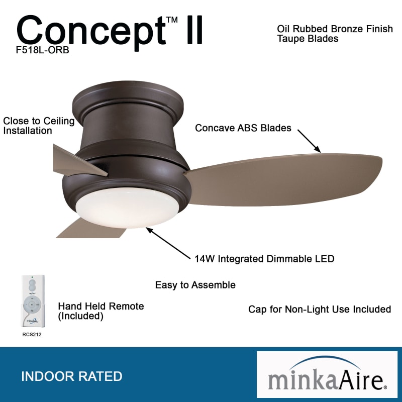 Minkaaire F518l Bn Brushed Nickel Concept Ii 44 3 Blade Indoor Led Flush Mount Ceiling Fan With Remote Included Lightingdirect Com - How To Install A Minka Aire Ceiling Fan Remote