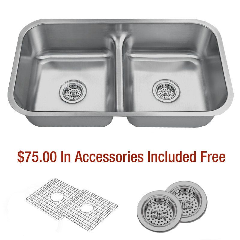 Miseno Mss3218cld 16 Gauge Stainless Steel 32 1 2 Undermount Double Miseno Mss3218cld 16 Gauge Stainless Steel 32 1 2 Undermount Double Basin Kitchen Sink With 50 Low Divide Split Drain Assemblies And