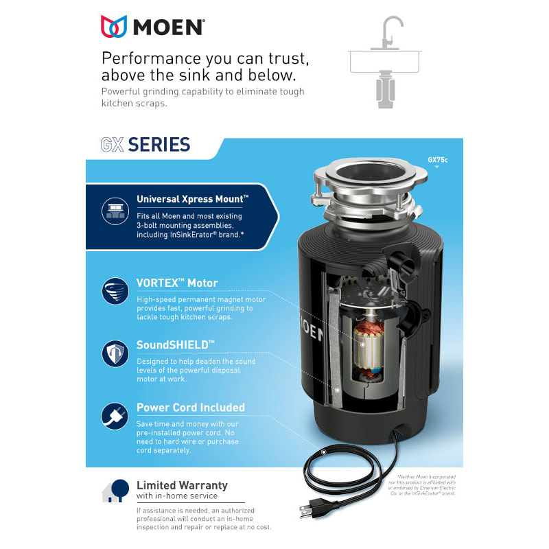 Moen Gxp50c Stainless Steel Gx Pro 1 2 Hp Continuous Garbage Disposal With A Vortex Motor And Power Cord Included Faucet Com