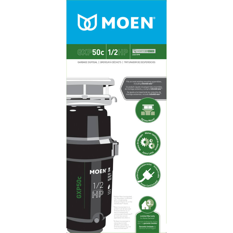Moen GXP50C Stainless Steel GX Pro 1/2 HP Continuous Garbage Disposal with  a Vortex Motor and Power cord included.