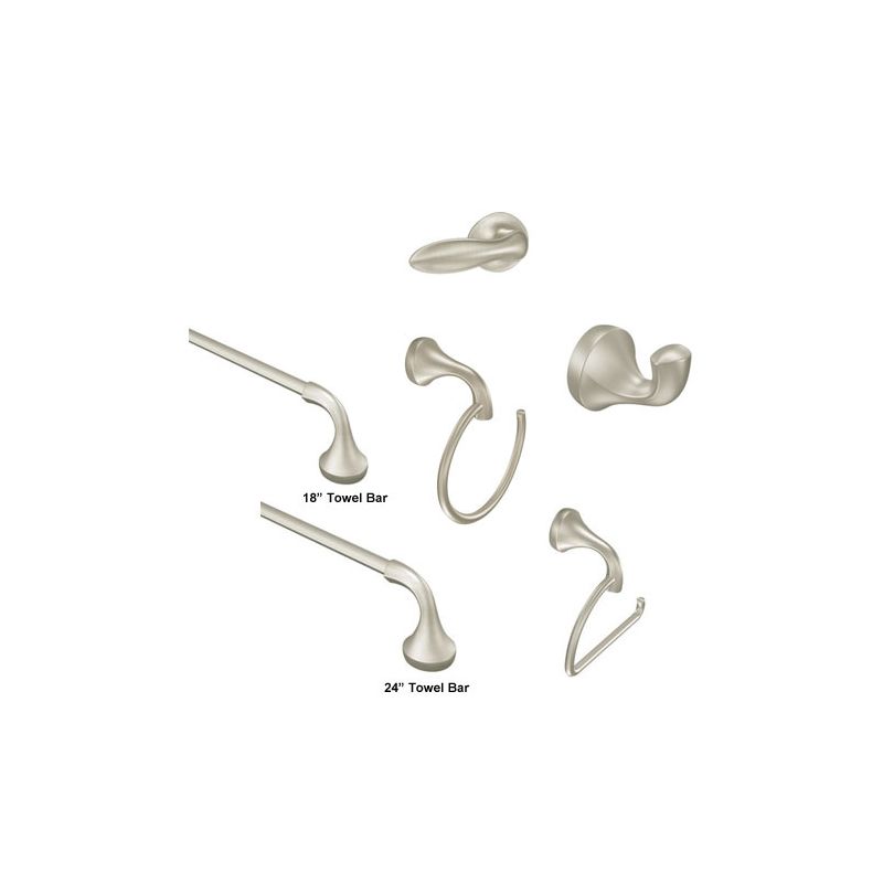 Moen Eva Accessories Bundle 1 BN Brushed Nickel Bathroom Hardware Package with Single Post Toilet Paper Holder with Towel Ring 24 Towel Bar 18 Towel Bar Robe Hook and Tank Lever