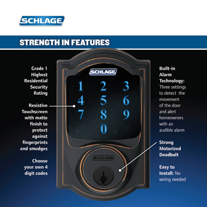 Schlage Fe469nxcam619acclh Satin Nickel Connect Camelot Touchscreen Handleset With Accent Lever And Built In Alarm Left Handed Handlesets Com