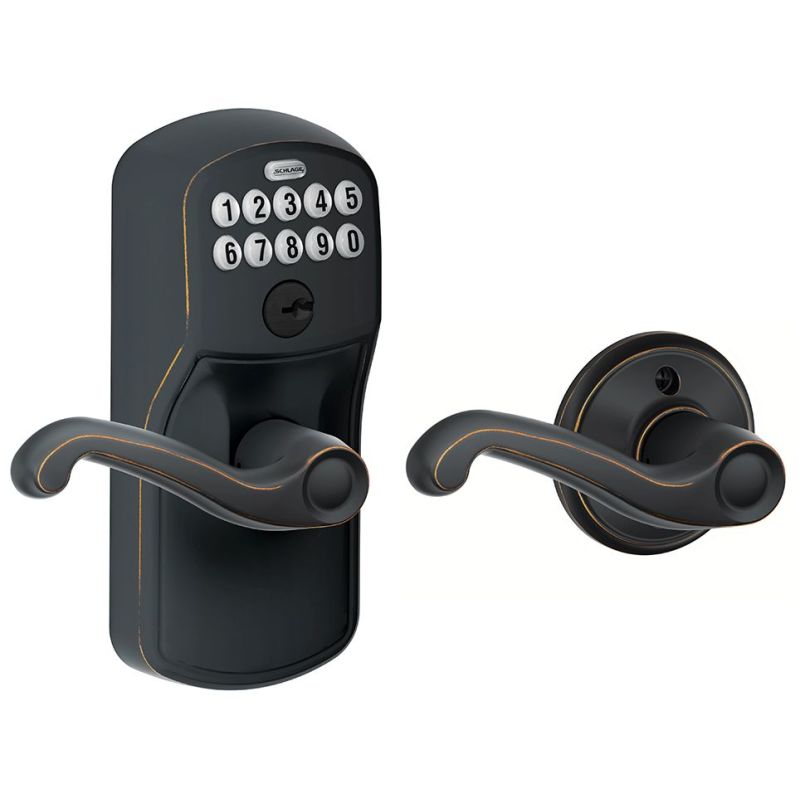 Bright Brass Schlage FE575 PLY 505 FLA Plymouth Keypad Entry with Auto-Lock and Flair Levers 