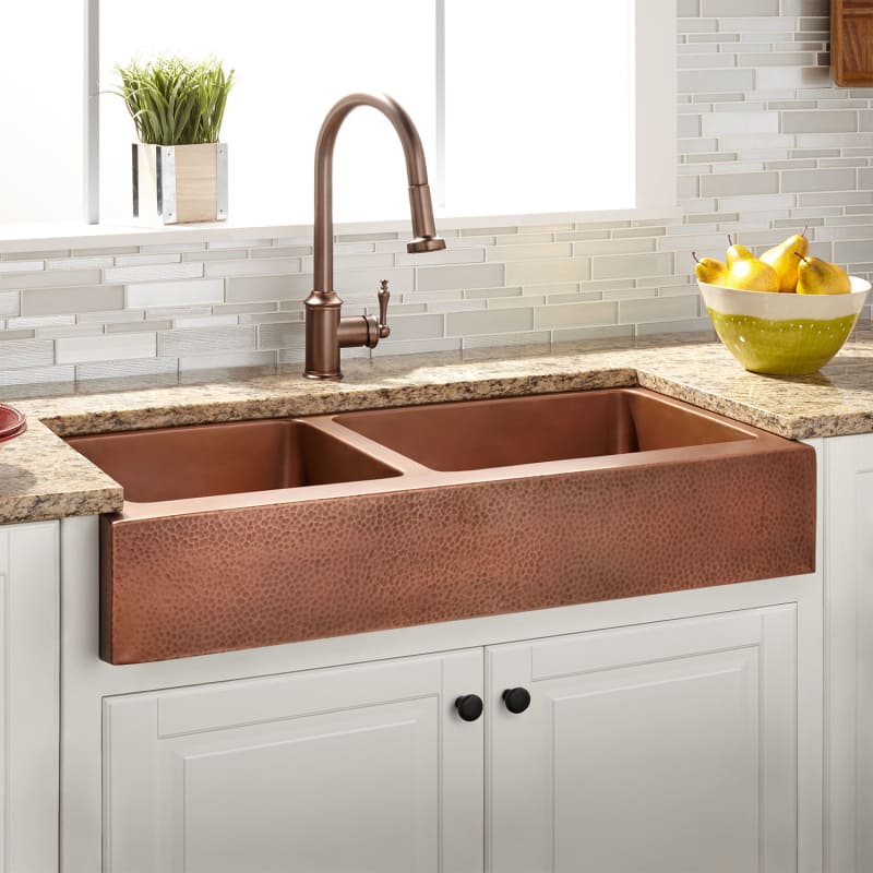 Signature Hardware 425079 Hammered Copper Raina 33 60 40 Double Basin Retrofit Farmhouse Sink Faucetdirect Com Signature Hardware 425079 Hammered, Copper Farmhouse Sink Clearance