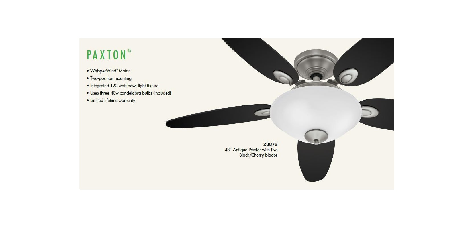 Hunter 28872 Antique Pewter Paxton 48 5 Blade Ceiling Fan