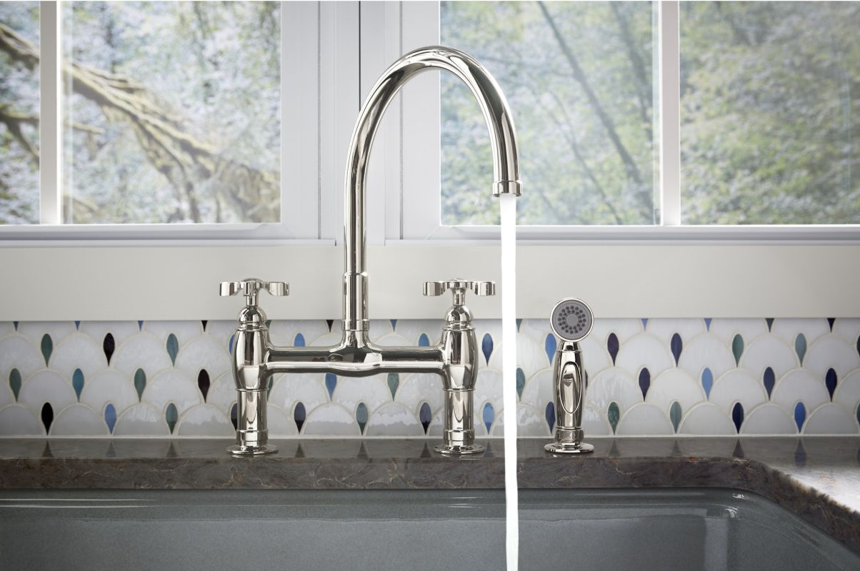 Kohler K 6131 3 Sn Polished Nickel Parq Deck Mount Bridge Faucet