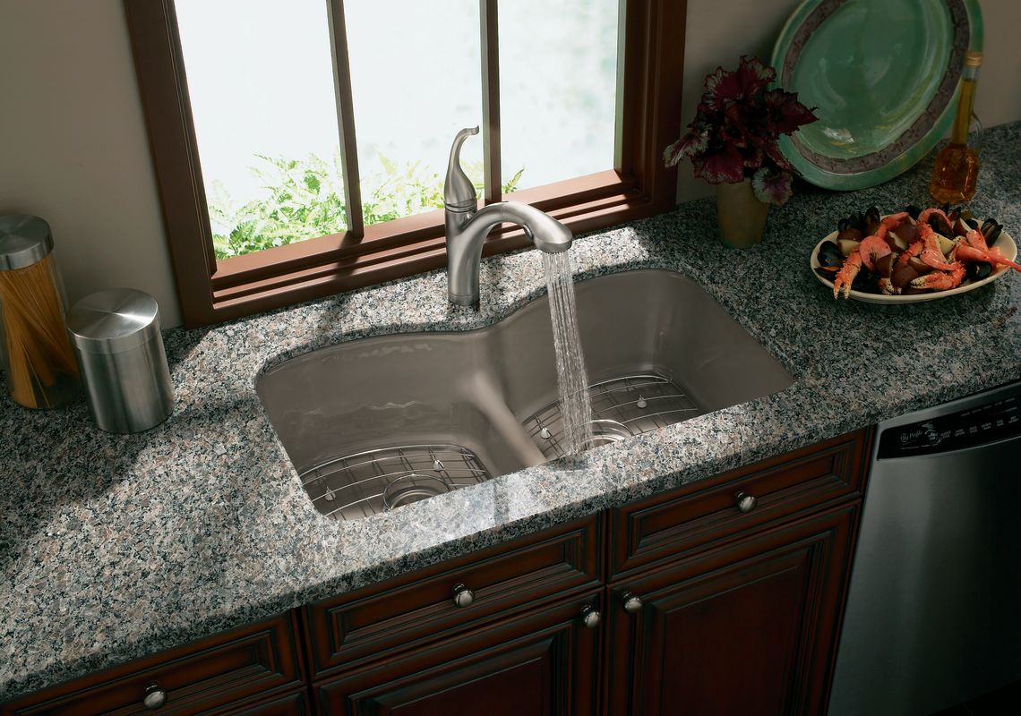 Kohler K 6626 6u Ff Sea Salt Langlade 33 Double Basin Under Mount Kohler K 6626 6u Ff Sea Salt Langlade 33 Double Basin Under Mount Enameled Cast Iron Kitchen Sink With Smart Divide Faucet