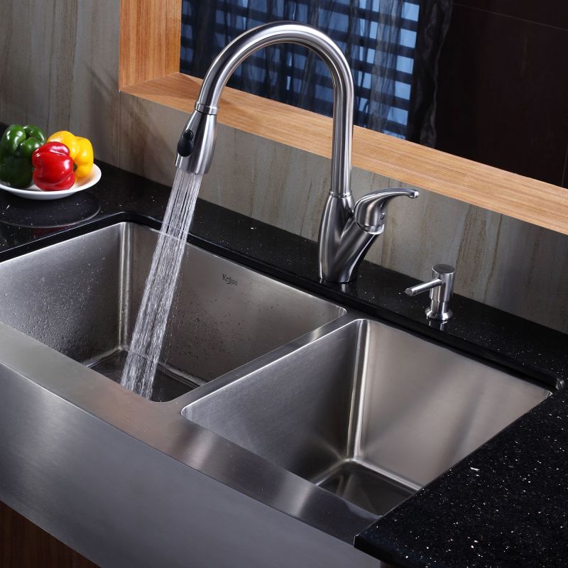Kraus Khf203 36 Stainless Steel 35 7 8 Double Basin 16 Gauge Kraus Khf203 36 Stainless Steel 35 7 8 Double Basin 16 Gauge Kitchen Sink For Farmhouse Installations With 60 40 Split Racks And