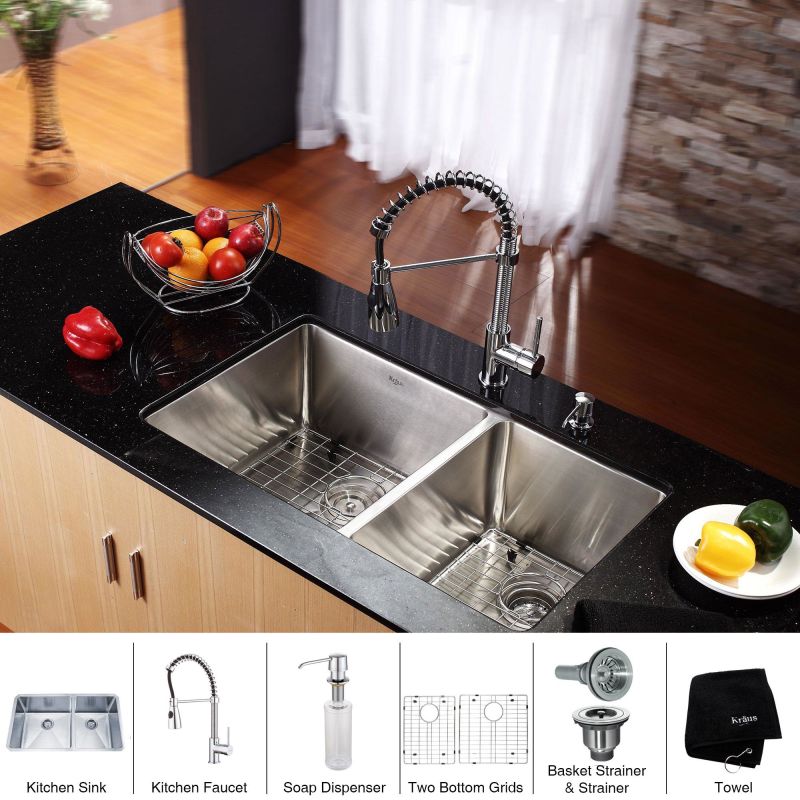 Kraus Khu103 33 Kpf1612 Ksd30ss Stainless Steel Steel Kitchen Combo 32 3 4 Undermount 60 40 Double Bowl 16 Gauge Stainless Sink With Pre Rinse Faucet And Soap Dispenser