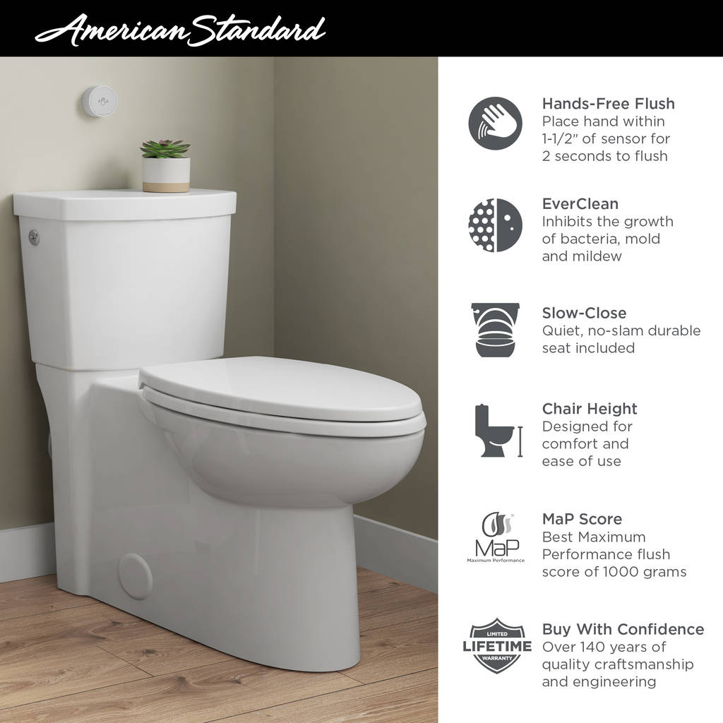 American Standard 2989709 020 White Cadet Touchless Flush 1 28 Gpf Two Piece Elongated Chair Height Toilet Seat Included Faucetdirect Com American Standard 2989709 020 White Cadet Touchless Flush 1 28 Gpf Two Piece Elongated Chair Height Toilet Seat Included Faucetdirect Com