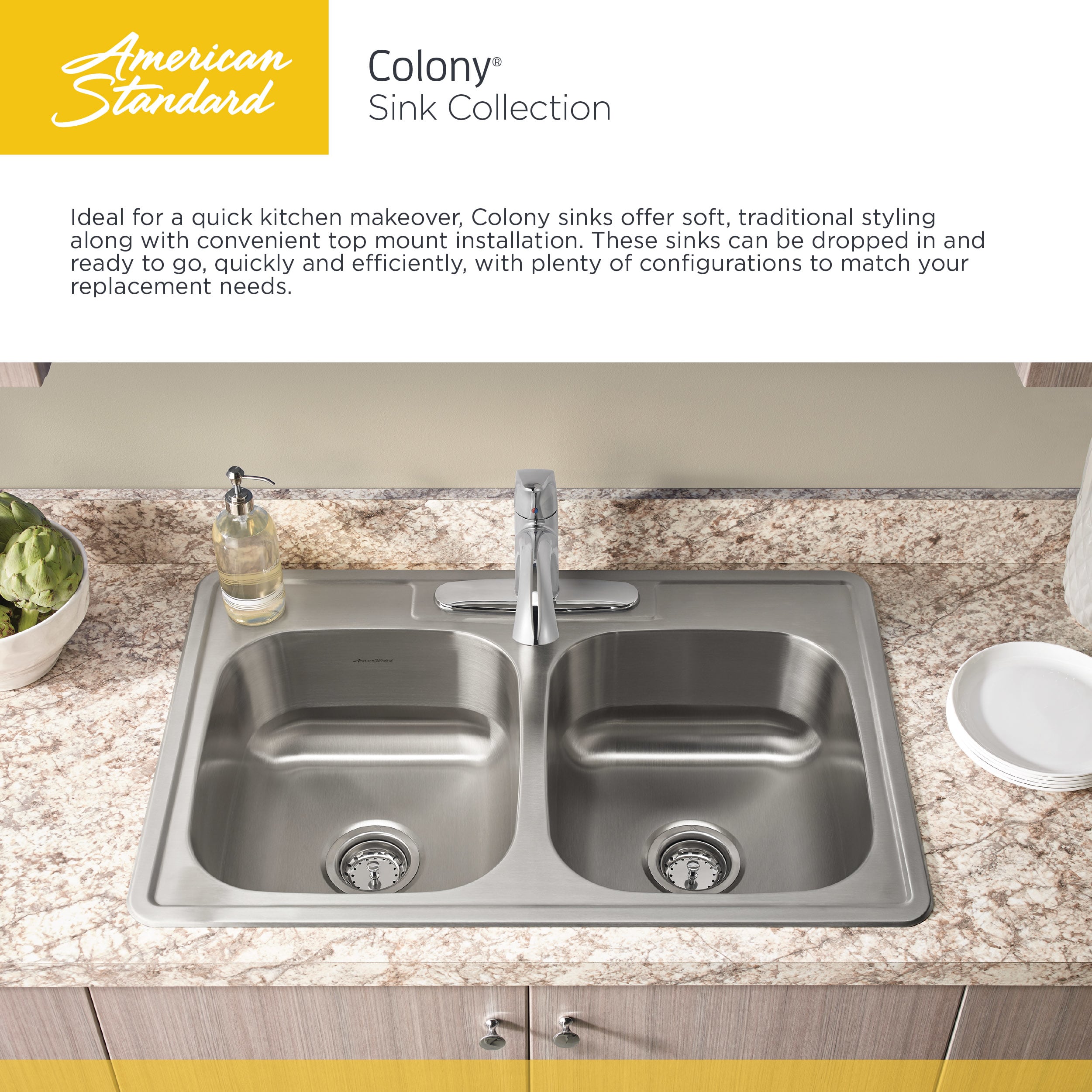 american standard 22sb6252283s075 stainless steel colony 25 single basin stainless steel kitchen sink for drop in installations with three faucet holes - Kitchen Sink Drain Configurations american standard 22sb6252283s075 stainless steel colony 25 single basin stainless steel kitchen sink for drop in installations with three faucet holes - Kitchen Sink Drain Configurations