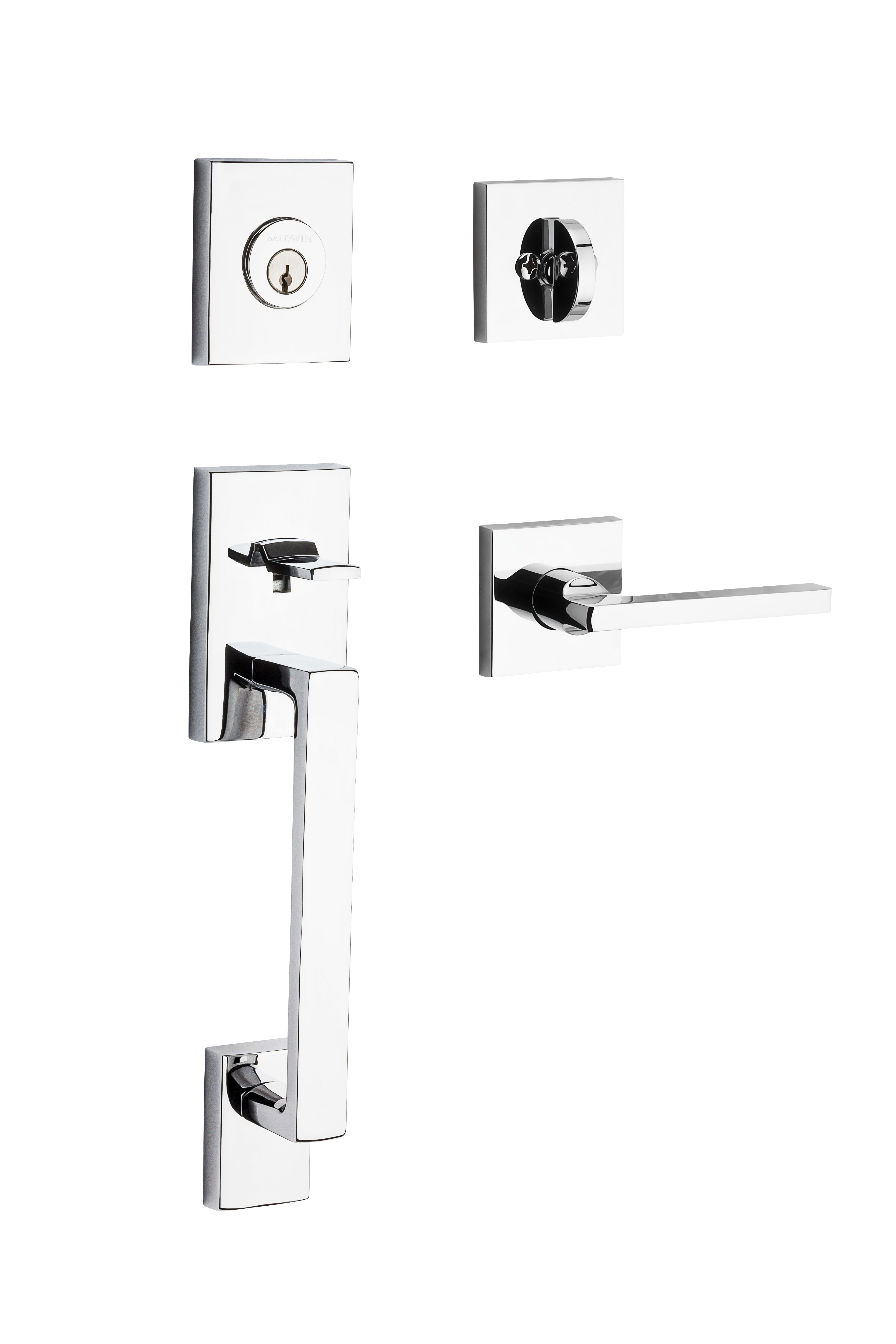 Baldwin SCLAJXSQURCSR260S Polished Chrome La Jolla SmartKey Single Cylinder  Keyed Entry Handleset with Square Lever and Contemporary Square Interior  Trim from the Reserve Collection