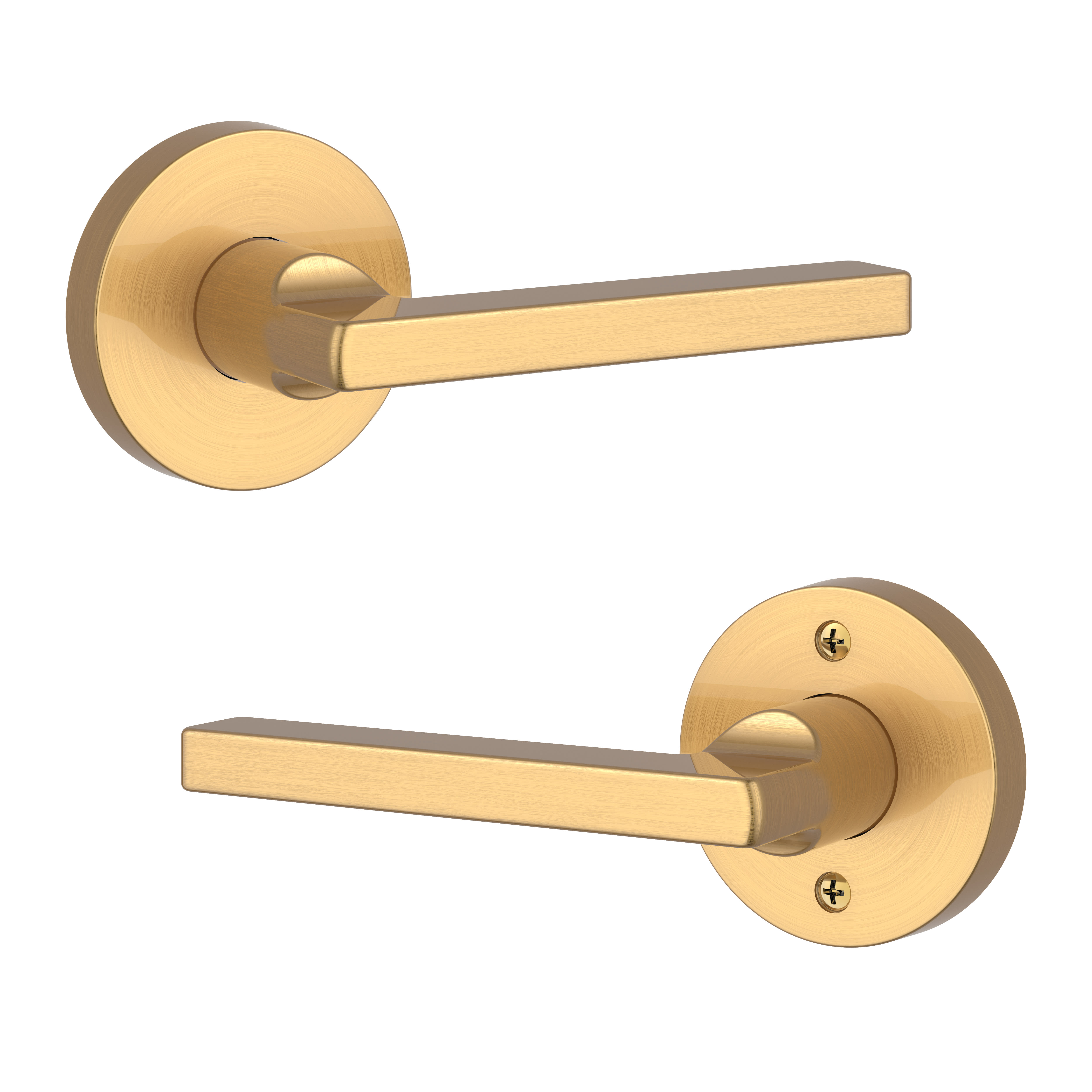 Baldwin PSSQUCRR044 Lifetime Satin Brass Square Passage Leverset with  Contemporary Round Rose