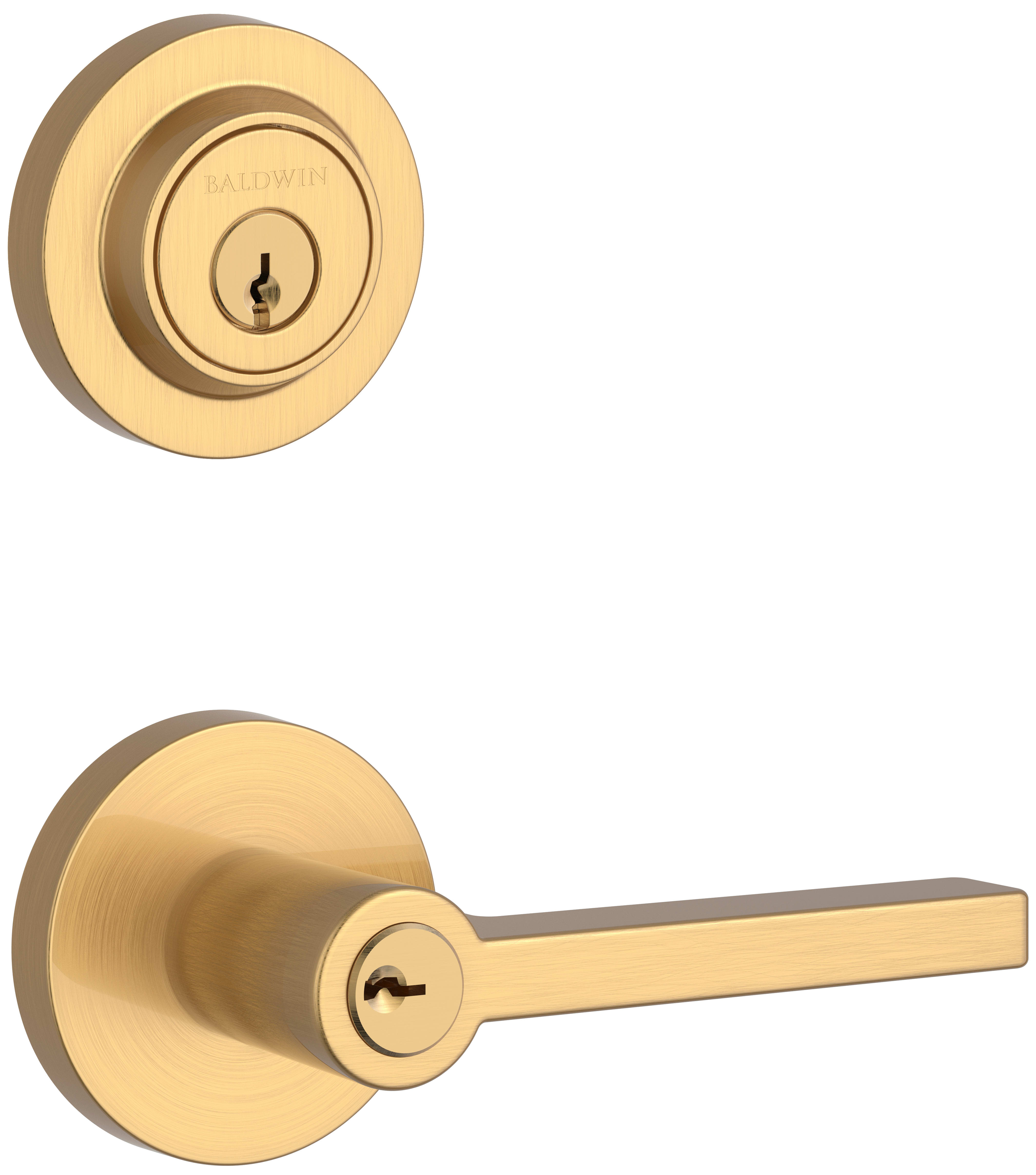 Baldwin SCCRDxENSQUCRR044 Lifetime Satin Brass Square Single Cylinder Keyed  Entry Door Lever Set and Deadbolt Combo from the Reserve Collection 