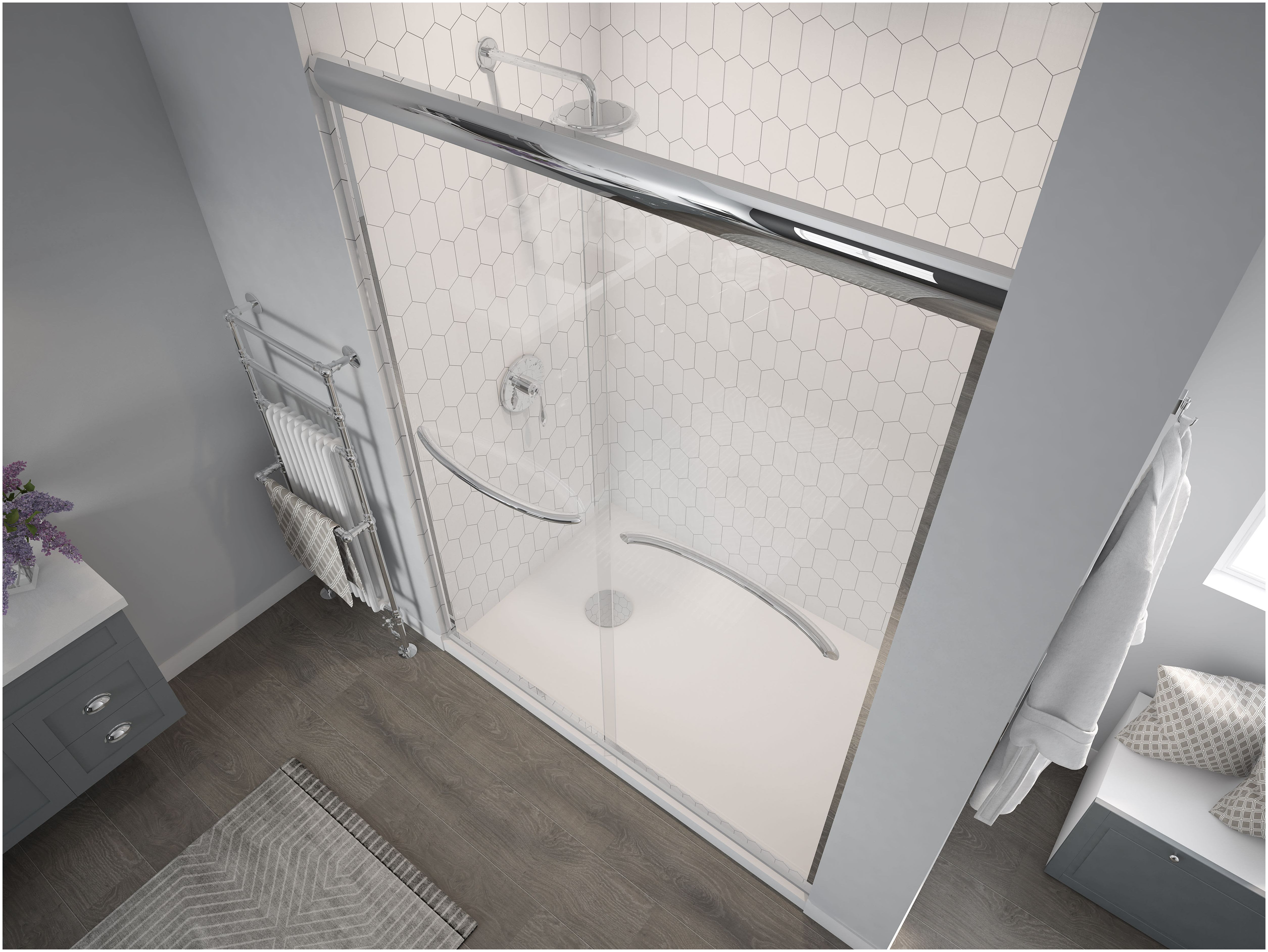 Coastal Shower Doors 2848 71n C Brushed Nickel Paragon 1 4 Series 48 X 71 Frameless Sliding Shower Door With Radius Curved Towel Bar And Clear Glass Faucetdirect Com