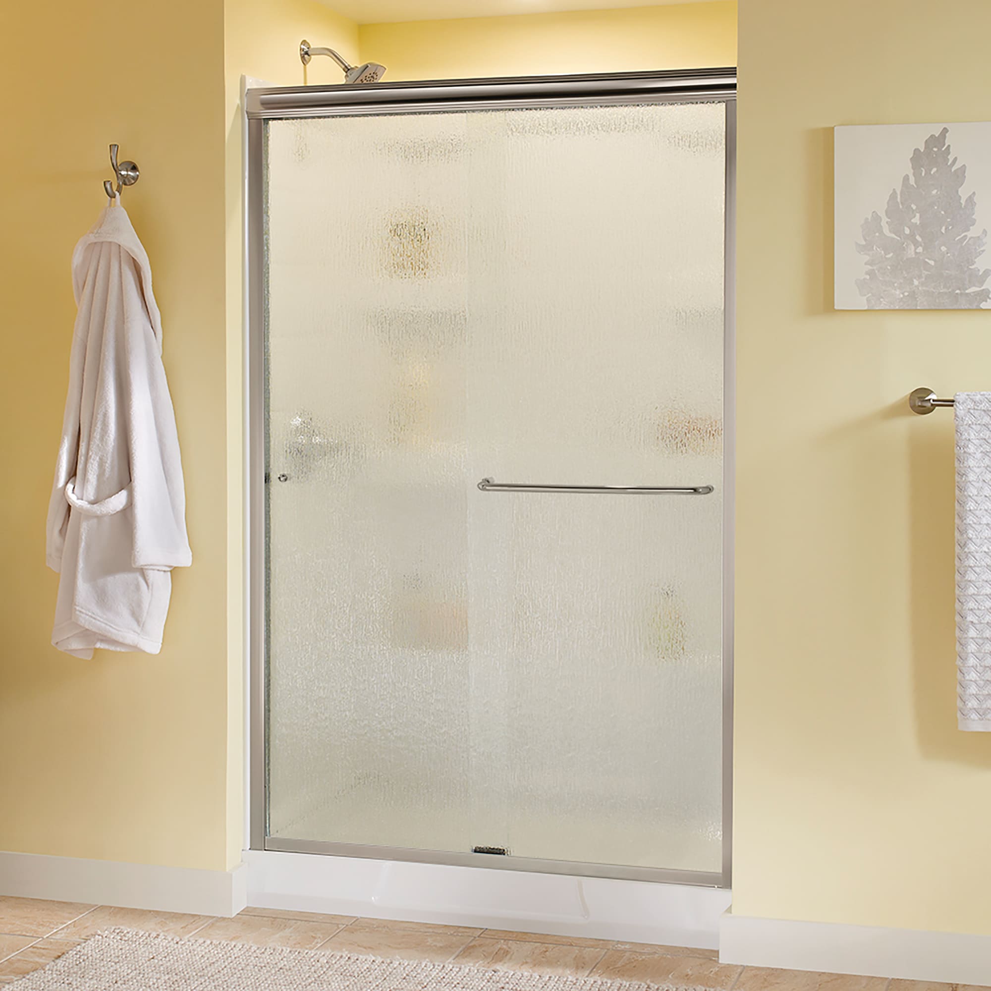 Delta Sd Nickel Classic 48 Wide Sliding Semi Frameless Shower Door With Rain Glass Faucetdirect Com