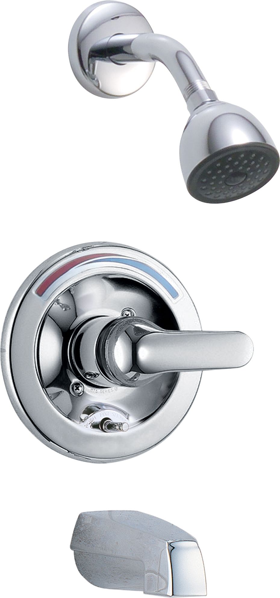 Delta T13691 Chrome Commercial Single Handle Tub And Shower Valve Trim With Push Button Diverter And Metal Lever Handle Faucetdirect Com