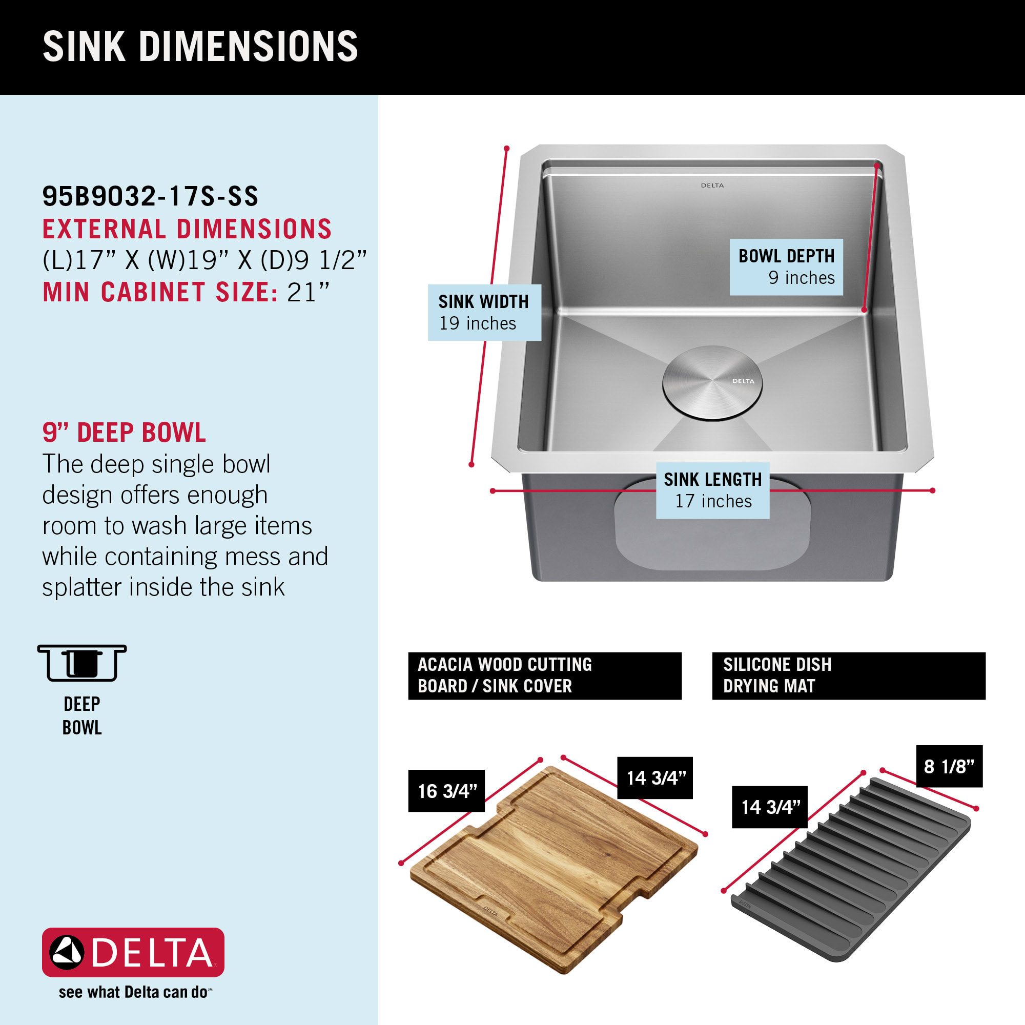 Delta 95B9032-17S-SS Stainless Steel Lorelai 17” Workstation Bar/Prep  Kitchen Sink Undermount 16 Gauge Stainless Steel Single Bowl with WorkFlow  Ledge and Accessories
