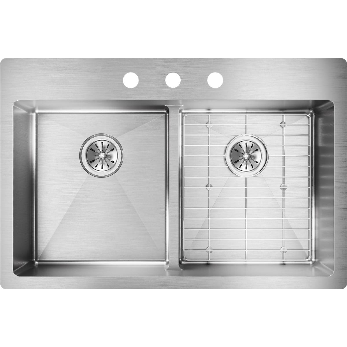 Elkay Ectsra33229tbg3 3 Faucet Holes Crosstown 33 Undermount Double Basin Stainless Steel Kitchen Sink With Basin Rack Faucet Com