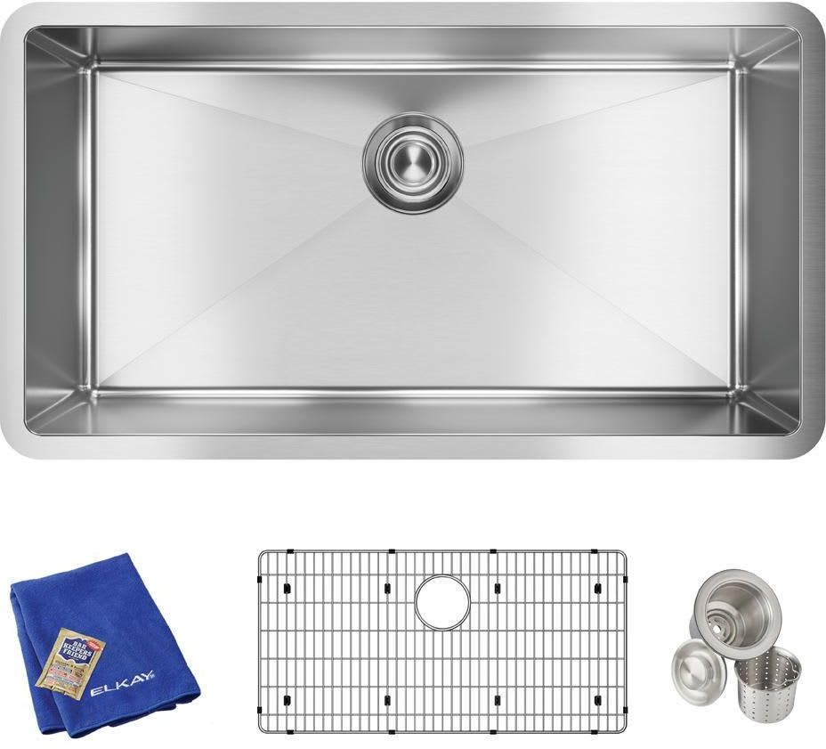 Elkay Efru311610tc Stainless Steel Crosstown 32 1 2 Undermount Single Basin Stainless Steel Kitchen Sink With Basin Rack And Basket Strainer Faucet Com