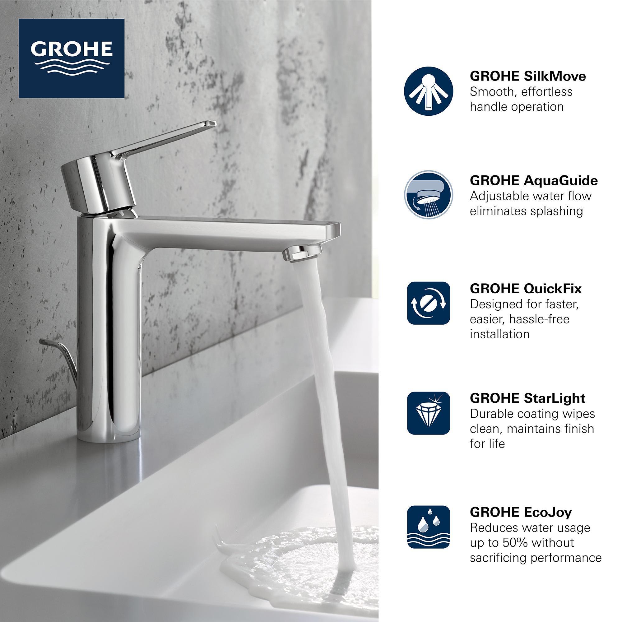 Grohe 2379400A Starlight Chrome Lineare 1.2 GPM Single Hole Bathroom Faucet  with SilkMove, StarLight, AquaGlide, and QuickFix Technologies Includes  Pop-Up Drain Assembly