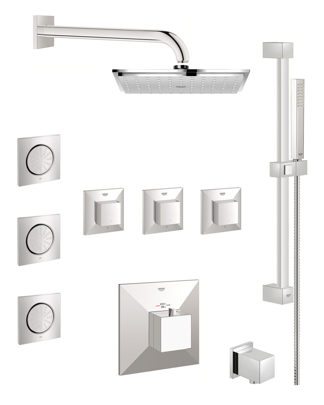 Grohe Gss Allure Cth 08 000 Starlight Chrome Allure Brilliant Thermostatic Shower System With Rain Shower Head Handshower Slide Bar Bodysprays And Volume Controls All Valves Included Faucetdirect Com