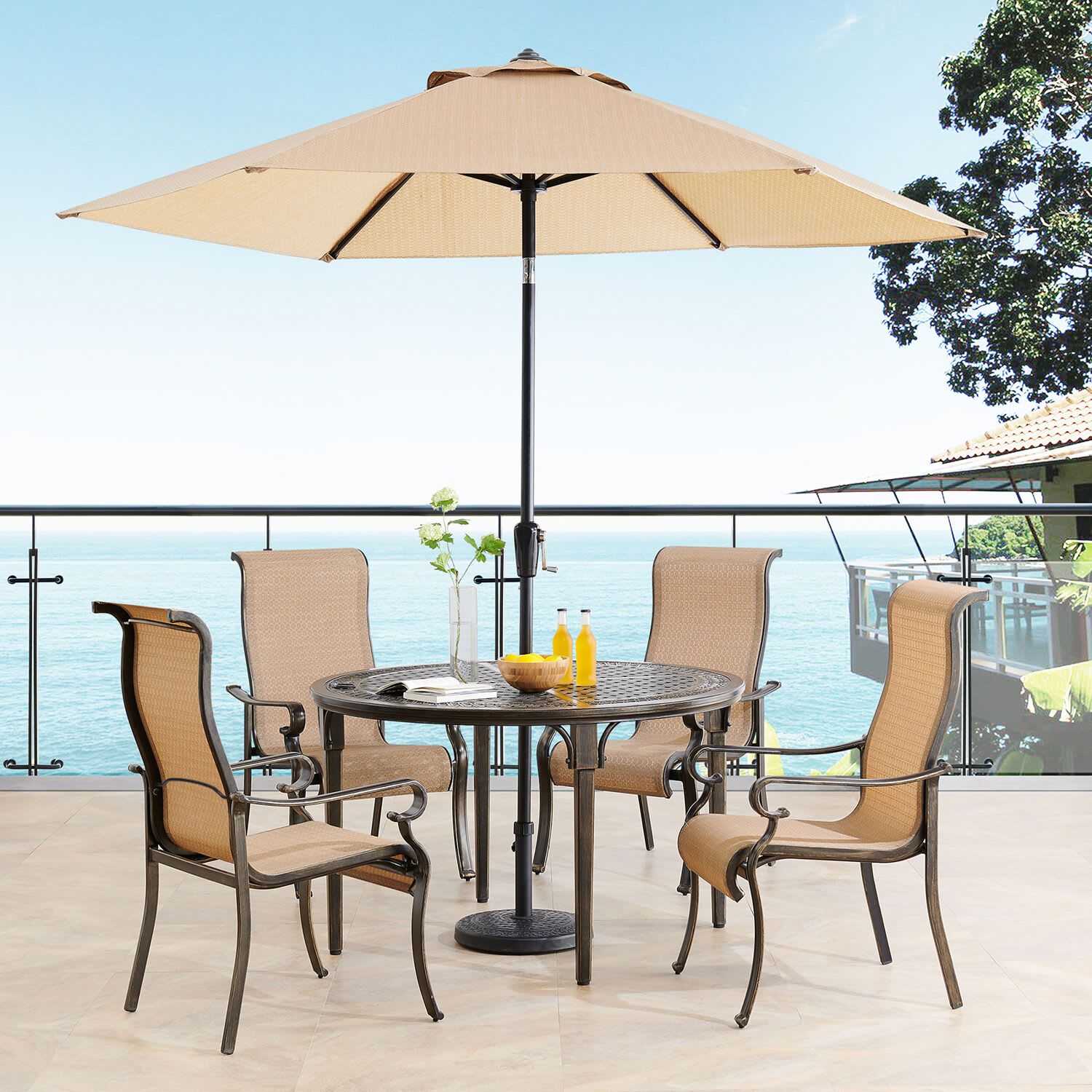 Hanover BRIGDN5PCRD SU Bronze Tan Brigantine 5 Piece Outdoor Patio Dining Set with 4 Chairs Table and Umbrella LightingDirect