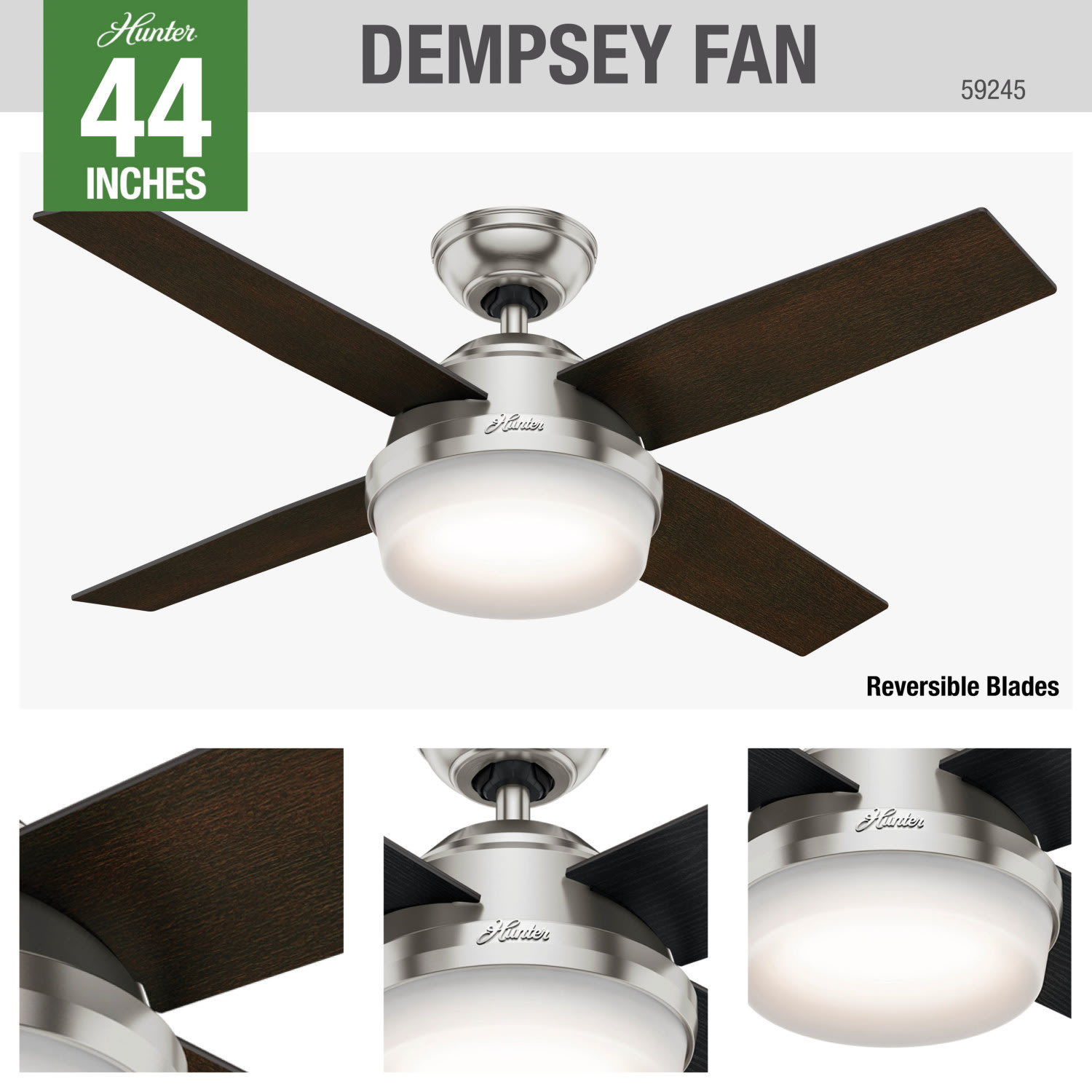 Dempsey Brushed Nickel Ceiling Fan w/ Light & Remote New Hunter 59245 44 in 