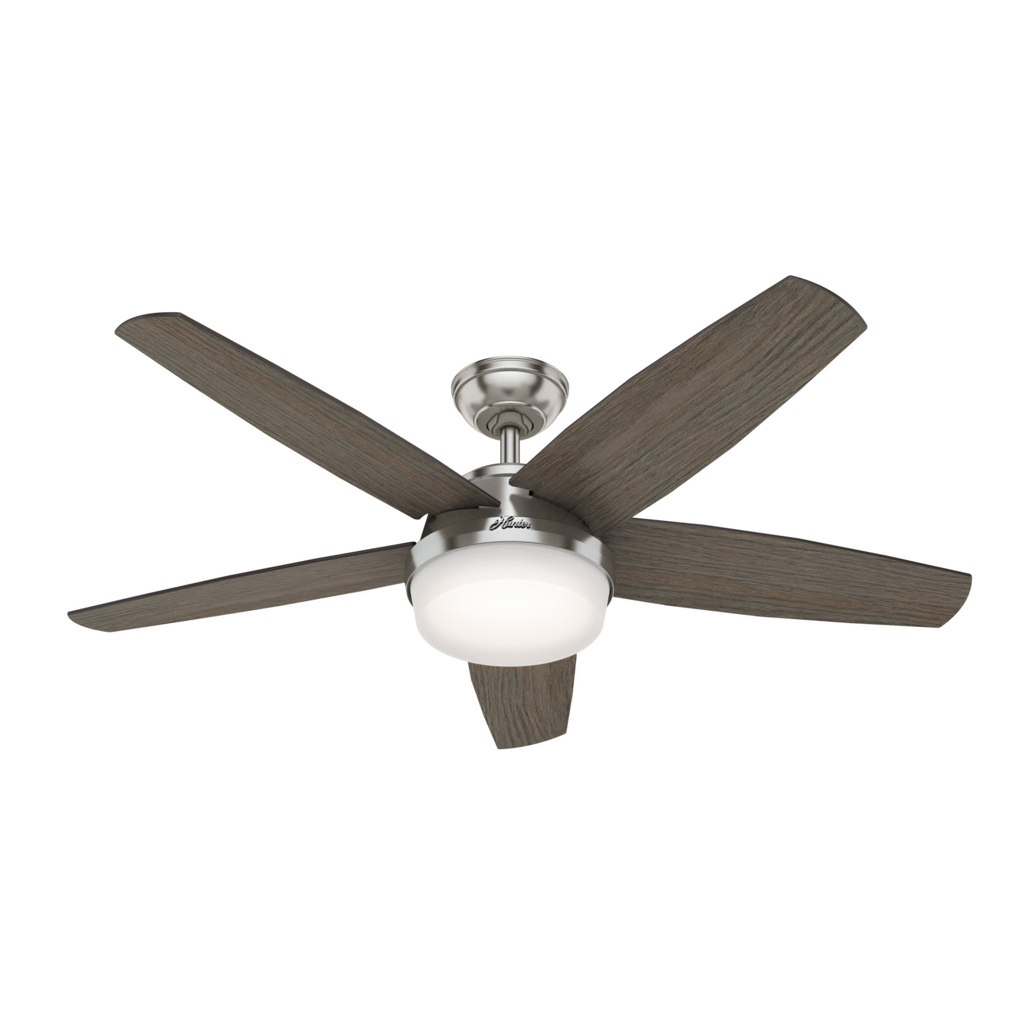 Hunter 59601 Brushed Nickel Avia Ii 52 5 Blade Led Ceiling Fan With Remote Control Lightingdirect Com - What Kind Of Light Bulbs For Hunter Ceiling Fan