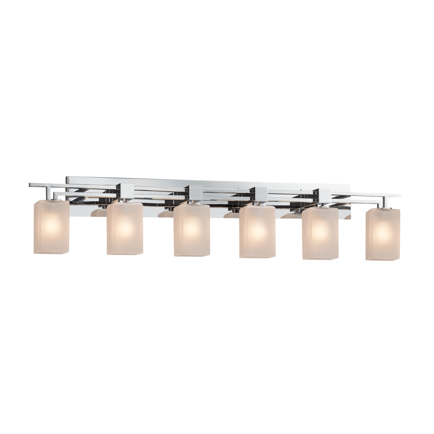 Justice Design Group FSN-8706-15-FRCR-CROM Polished Chrome Fusion 6 Light  56" Wide Bathroom Vanity Light with Square Frosted Crackle Glass Shades -  LightingShowplace.com