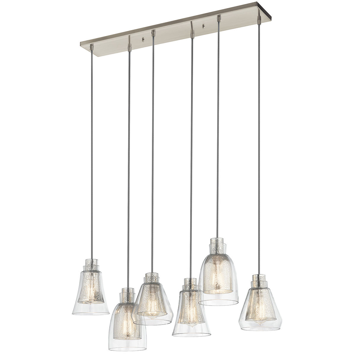 Kichler 43628ni Evie Linear Chandelier With 6 Lights Featuring Kichler 43628ni Evie Linear Chandelier With 6 Lights Featuring Mercury Glass Brushed Nickel
