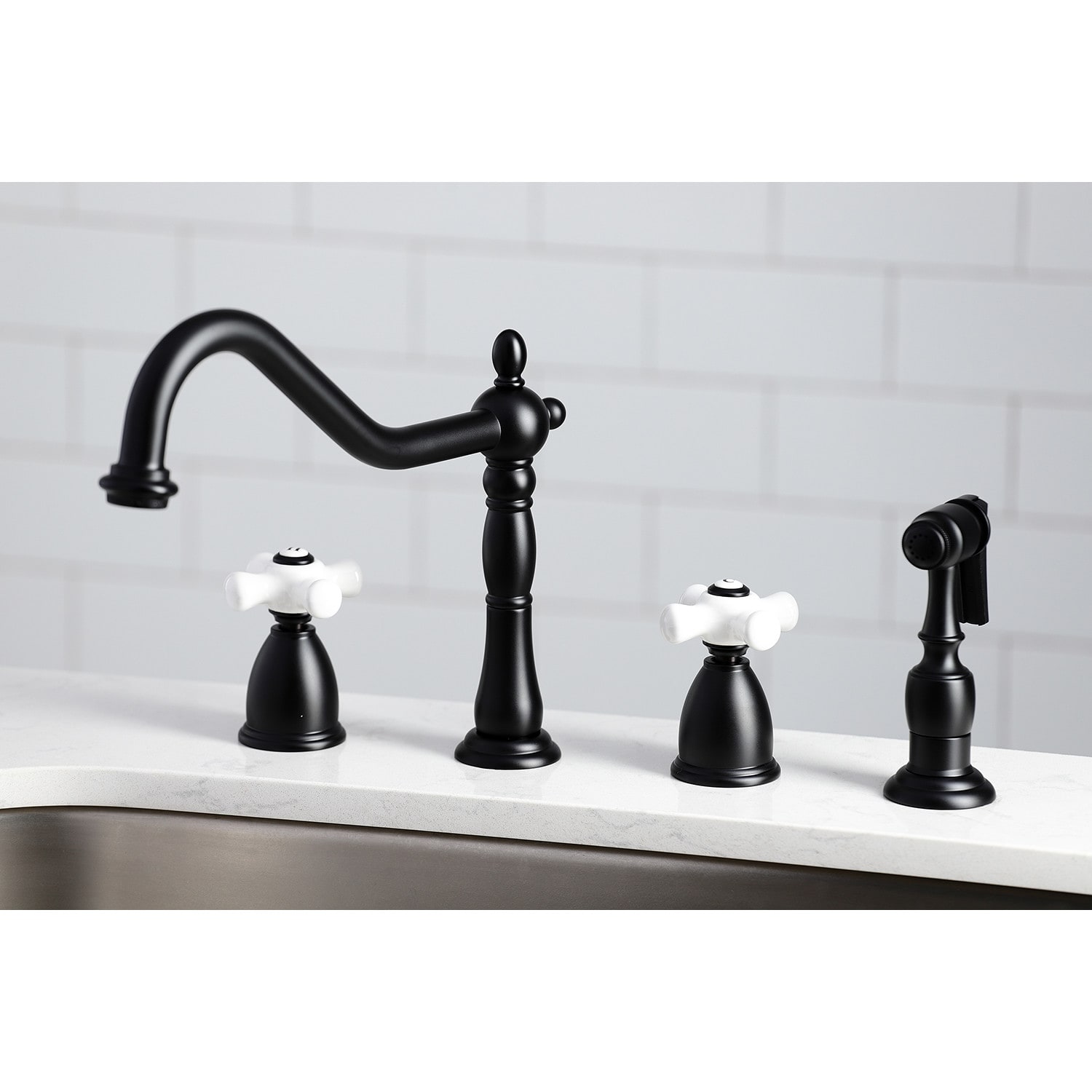 Kingston Brass KB1790PXBS Matte Black Heritage 1.8 GPM Widespread Kitchen  Faucet Includes Side Spray