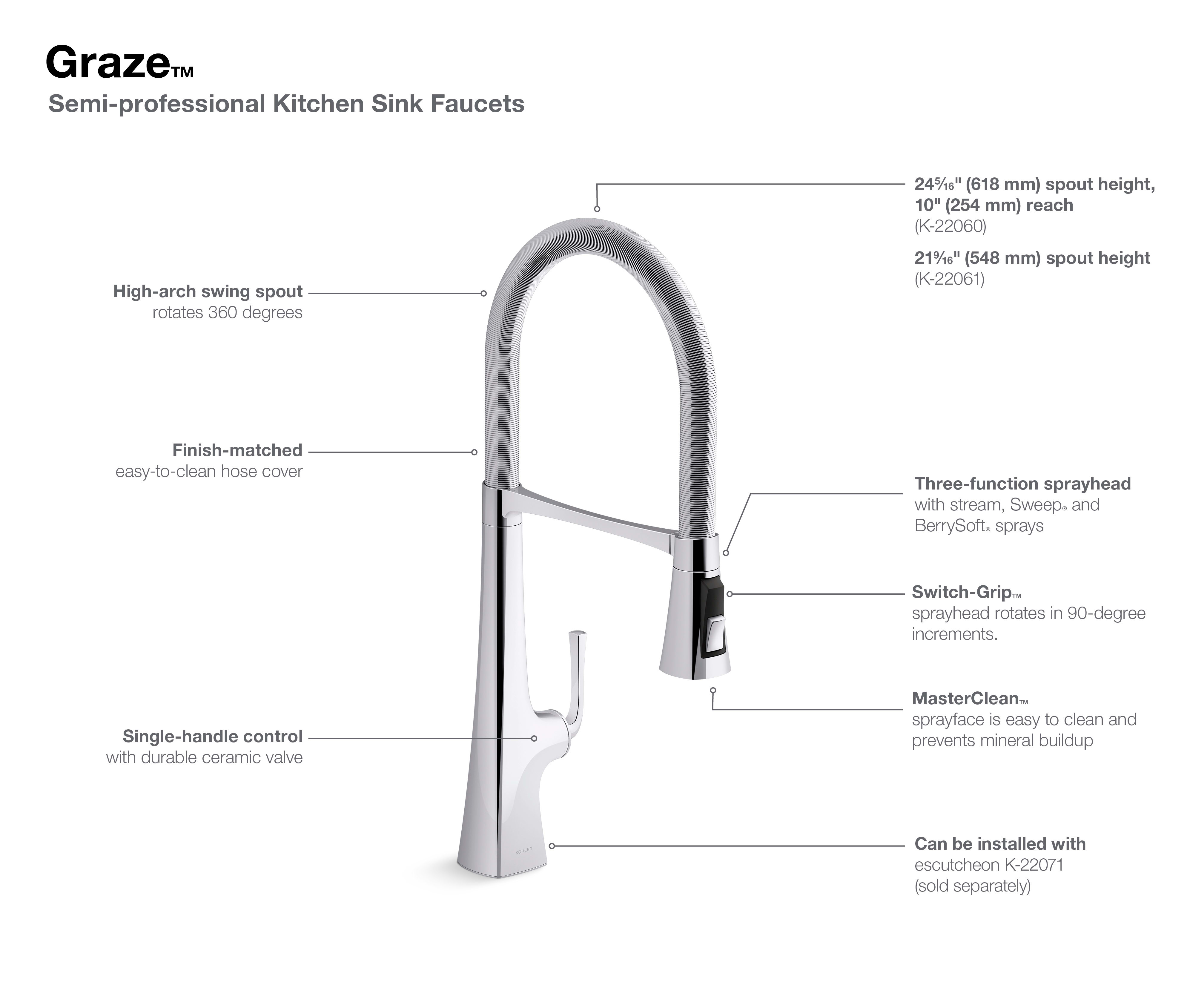 Kohler Graze® Single Handle Semi Professional Kitchen Sink Faucet with  21-9/16 Spout, Vibrant Stainless