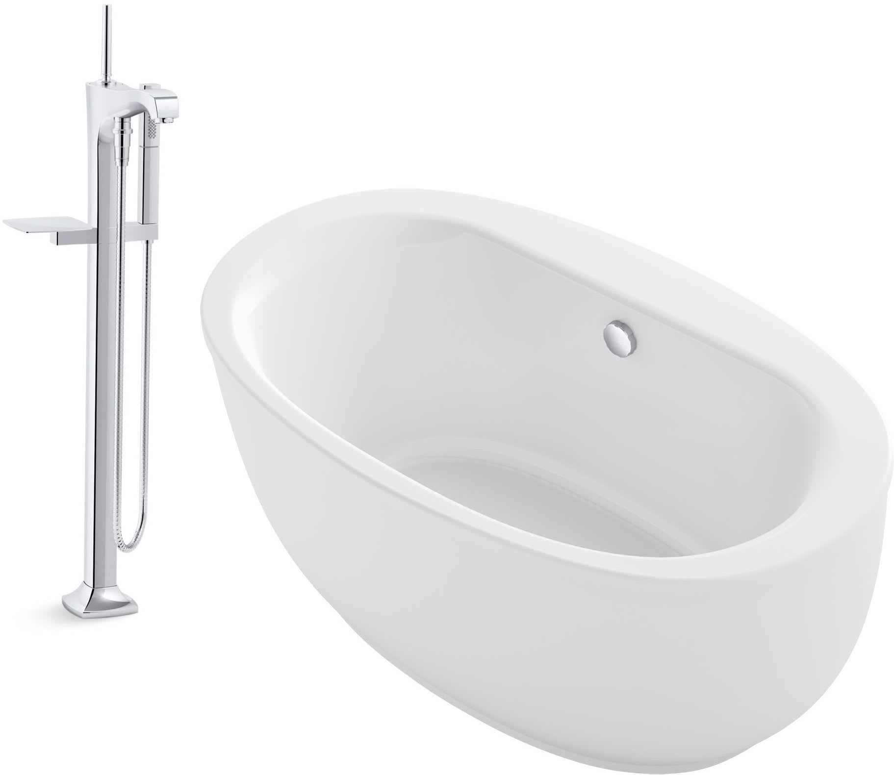 Kohler K 24002 T97331 Cp White Polished Chrome Filler Sunstruck 60 Freestanding Acrylic Soaking Tub Package With Center Drain And Margaux Floor Mounted Tub Filler Includes Handshower Faucetdirect Com