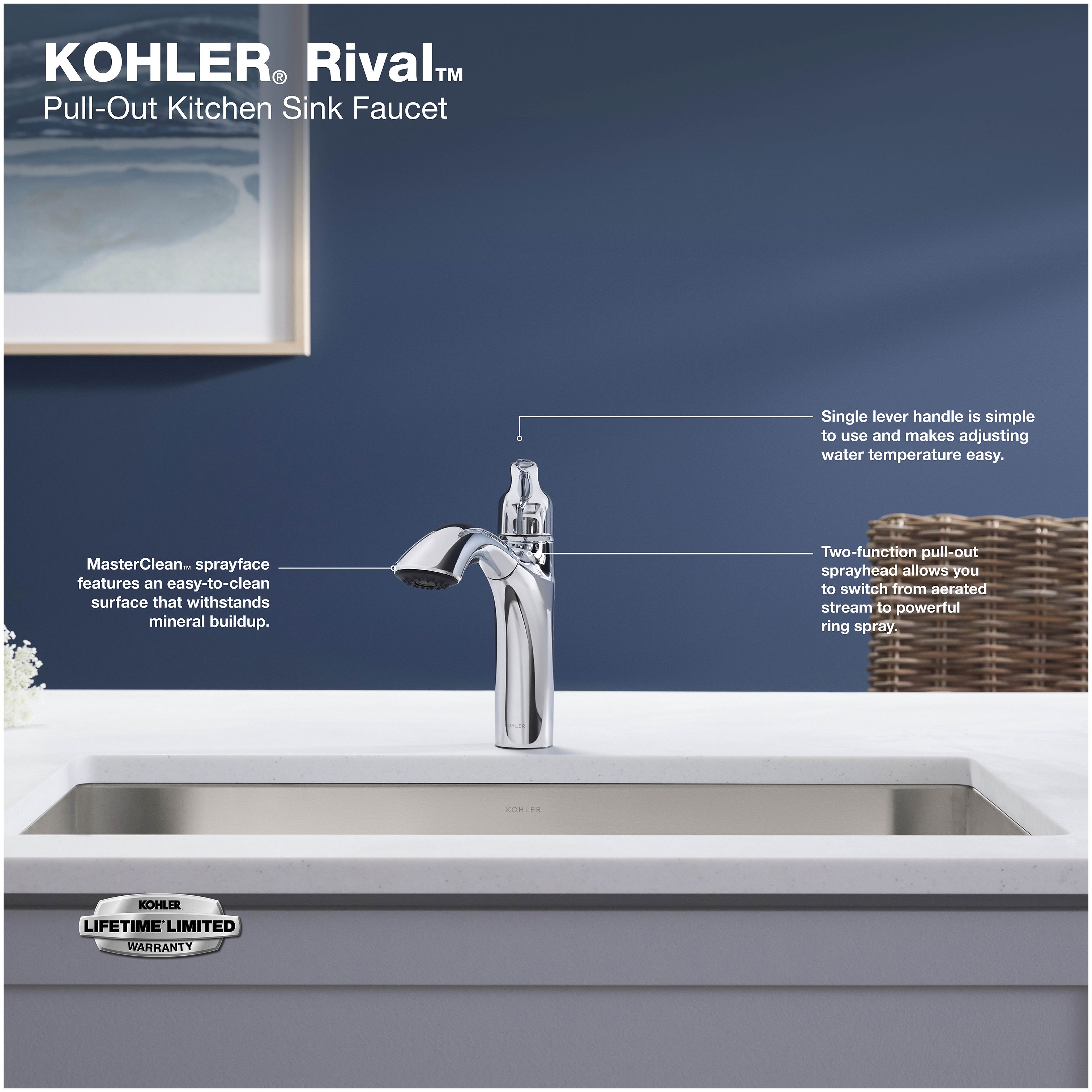 KOHLER Rival Single Handle Pull-Out Kitchen Sink Faucet with 2-Function Sprayhead in Polished Chrome