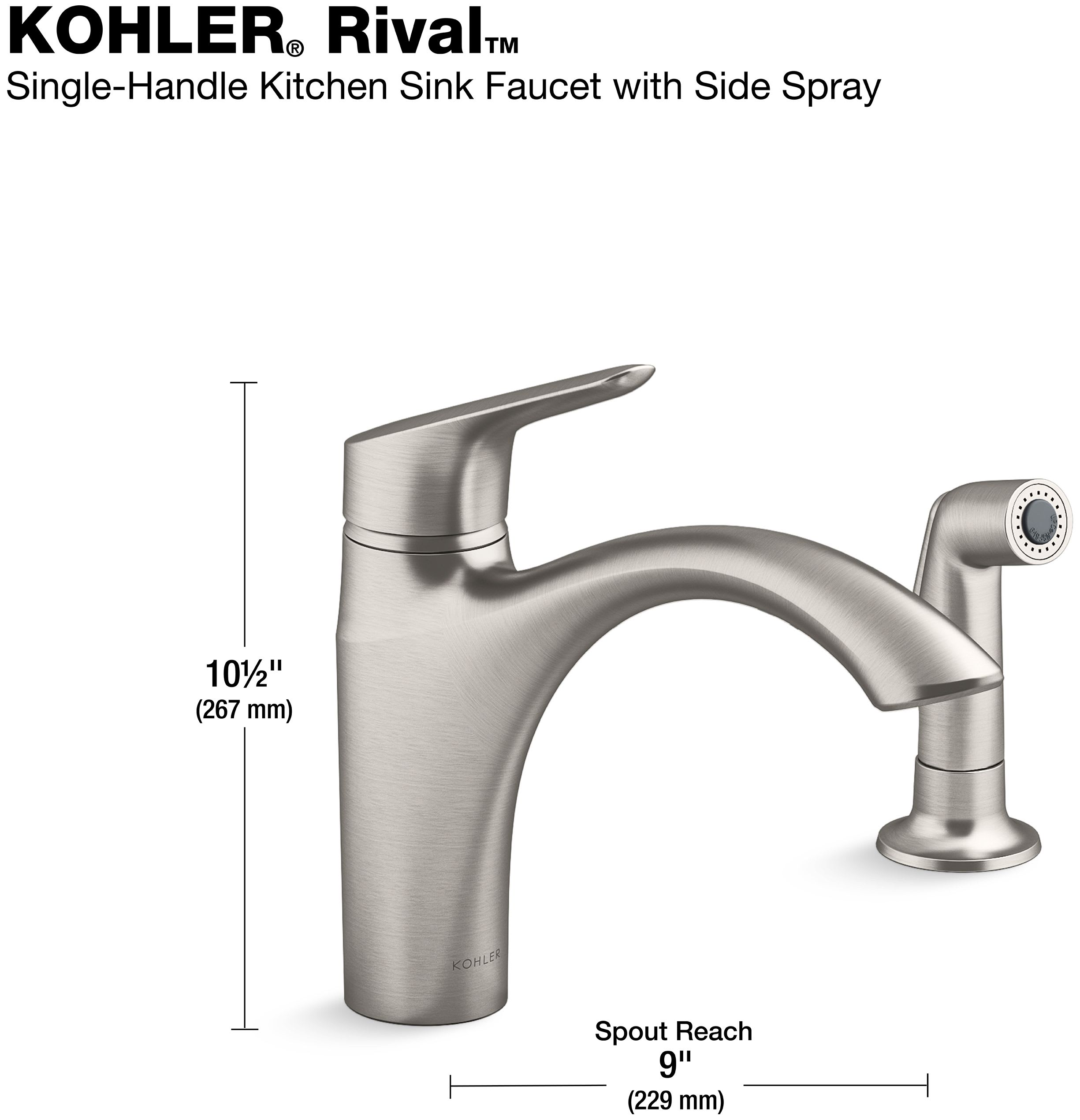 KOHLER Rival Single-Handle Standard Kitchen Sink Faucet with Side Sprayer in Vibrant Stainless