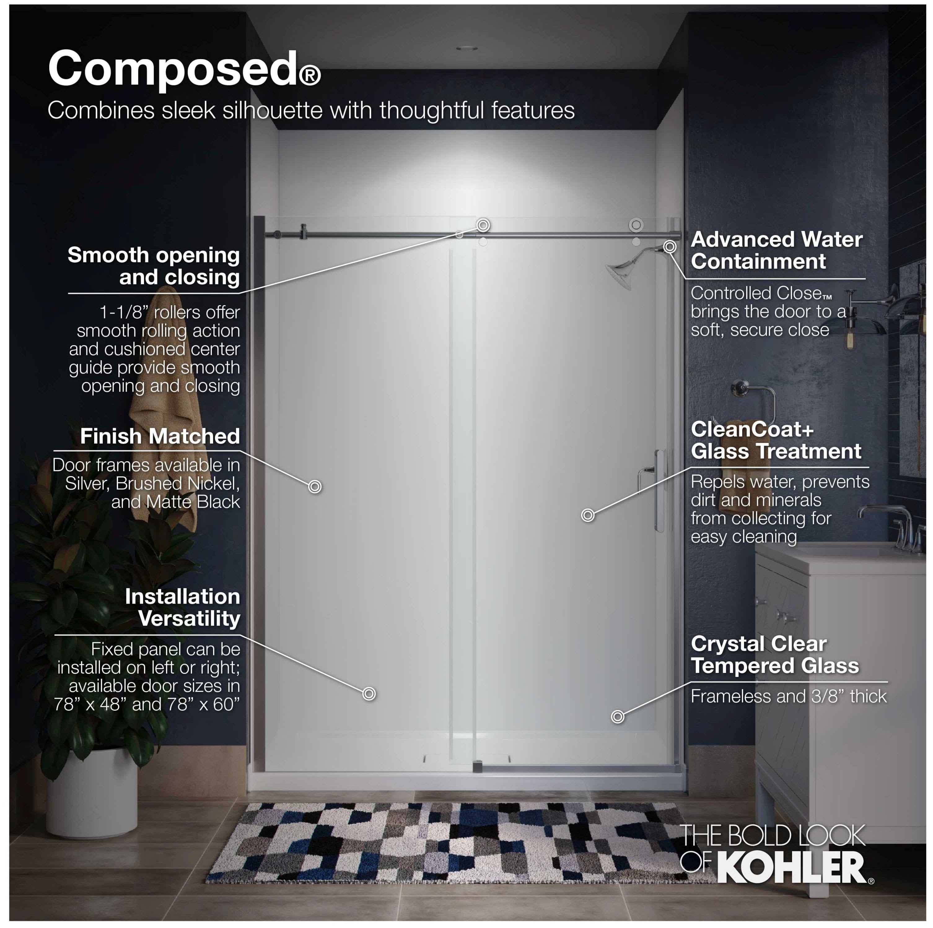 KOHLER Composed 47.875 in. x 78 in. Frameless Glass Panel in Crystal Clear