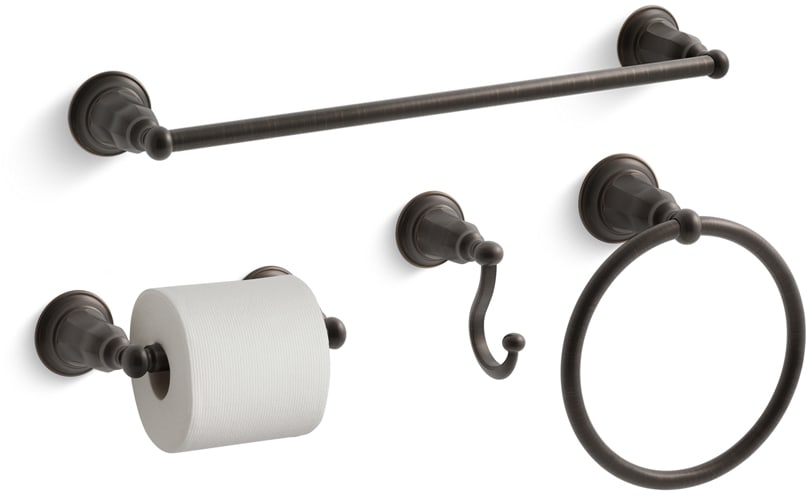 Kohler Kelston Better Accessory Pack 2 2BZ Oil Rubbed Bronze 2BZ Kelston 18 Towel Bar Towel Ring Tissue Holder and Robe Hook FaucetDirect
